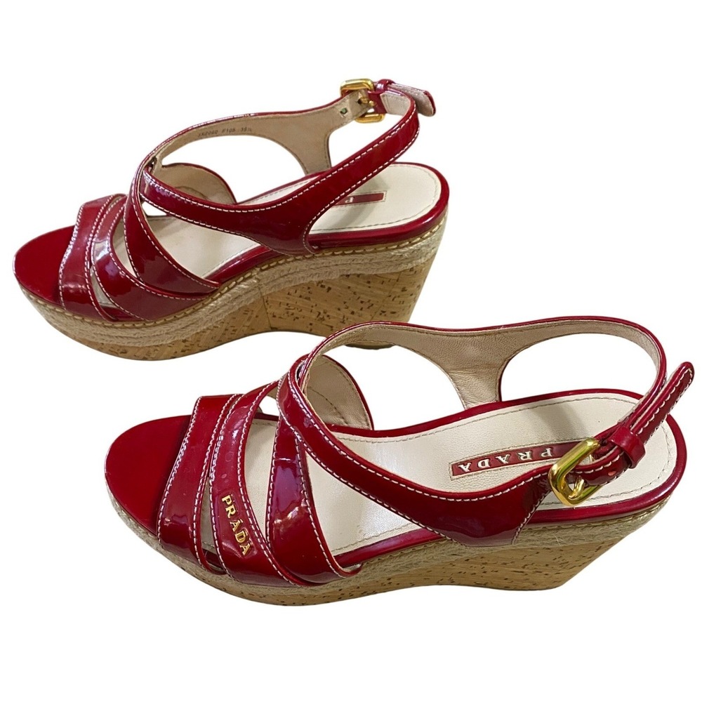 Prada Espadrille Wedge Slingback Sandals Red Patent Leather Size 5.5 Summer Chic - Picture 3 of 12